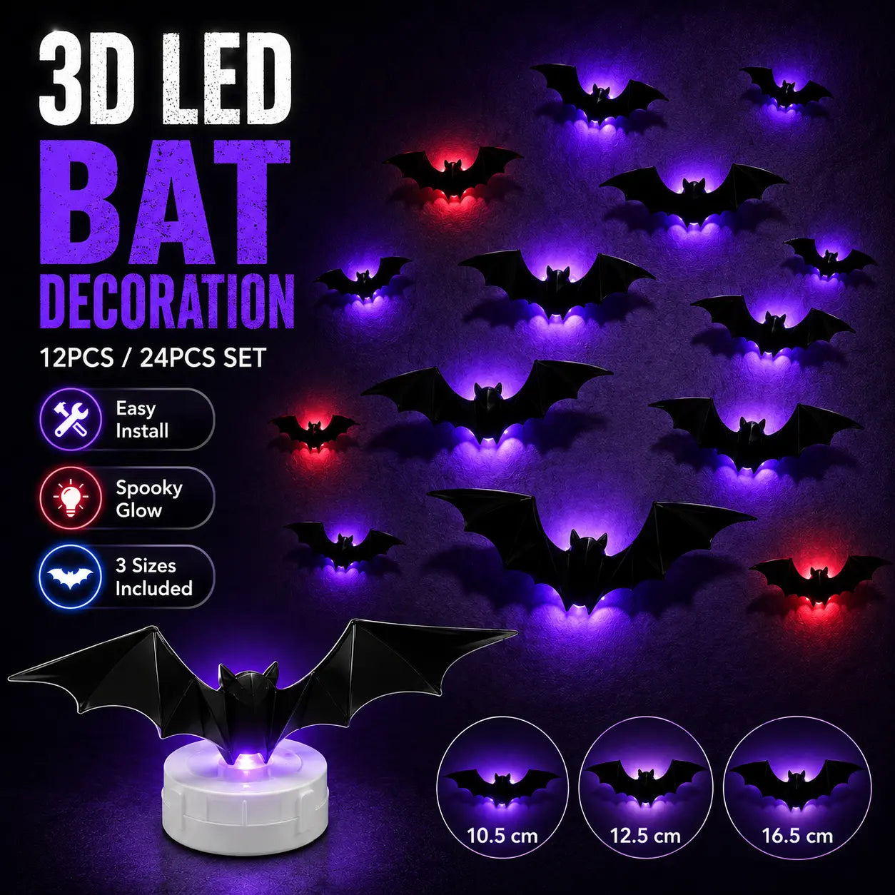 2026 Hot Sale 3D LED Bat Wall Decorations – 12/24PCS Light-Up Halloween Decor for Walls, Windows & Parties