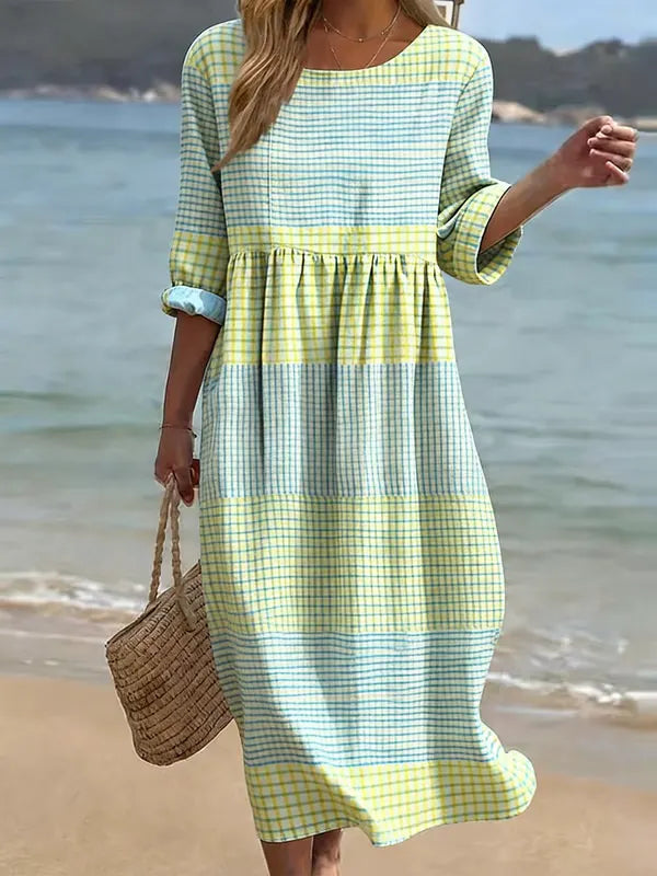 New Arrivals🔥 Women's Casual Round Neck Mid Sleeve Print Cotton and Linen Dress- Fast Shipping