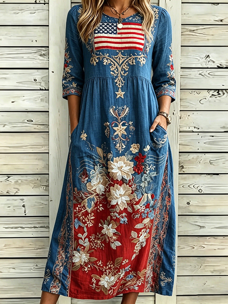 Loose-Fit Round-Neck Dress with Mid-Length Sleeves and Side Pockets