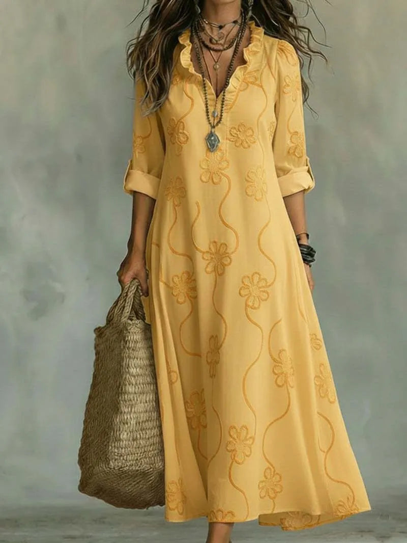 Women Ruffle V Neck Floral Embroidery Maxi Dress Roll Tab 3/4 Sleeve Loose Boho Vacation Long Dress