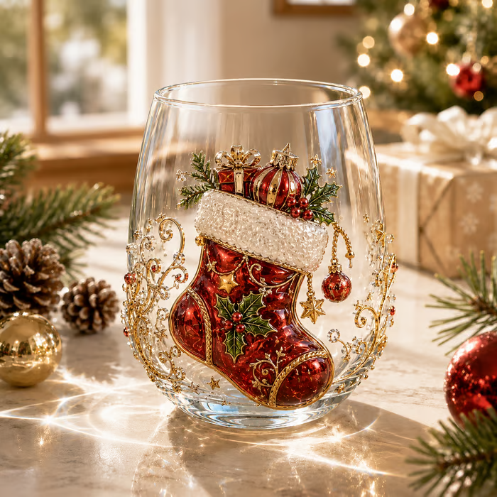 🎄✨ 3D Christmas Glass Art Cup | Luxury Raised Holiday Glassware