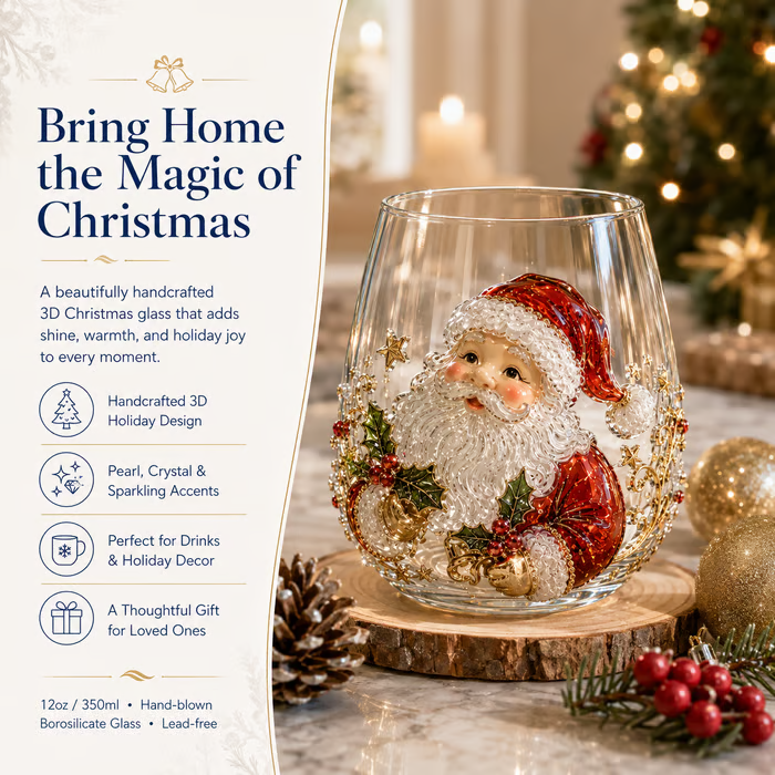 🎄✨ 3D Christmas Glass Art Cup | Luxury Raised Holiday Glassware