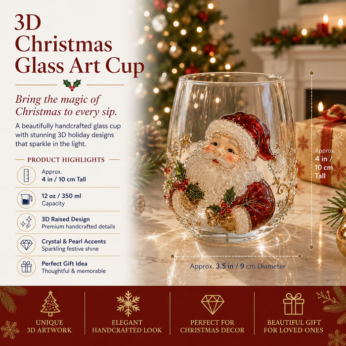 🎄✨ 3D Christmas Glass Art Cup | Luxury Raised Holiday Glassware