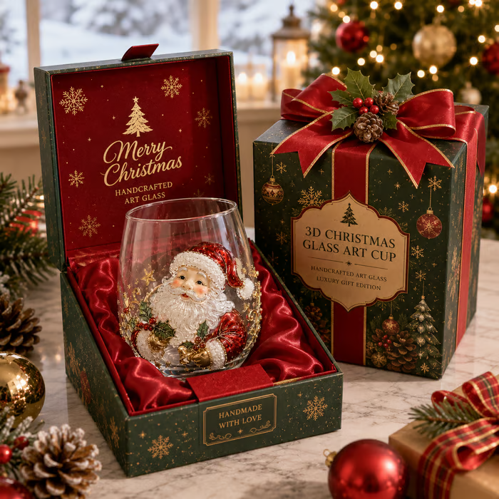 🎄✨ 3D Christmas Glass Art Cup | Luxury Raised Holiday Glassware