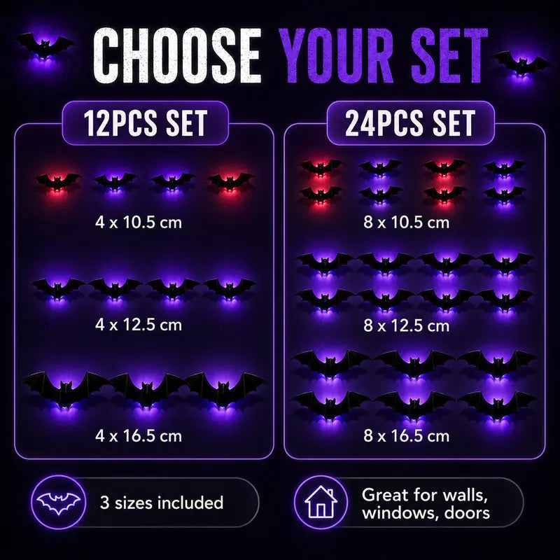 2026 Hot Sale 3D LED Bat Wall Decorations – 12/24PCS Light-Up Halloween Decor for Walls, Windows & Parties