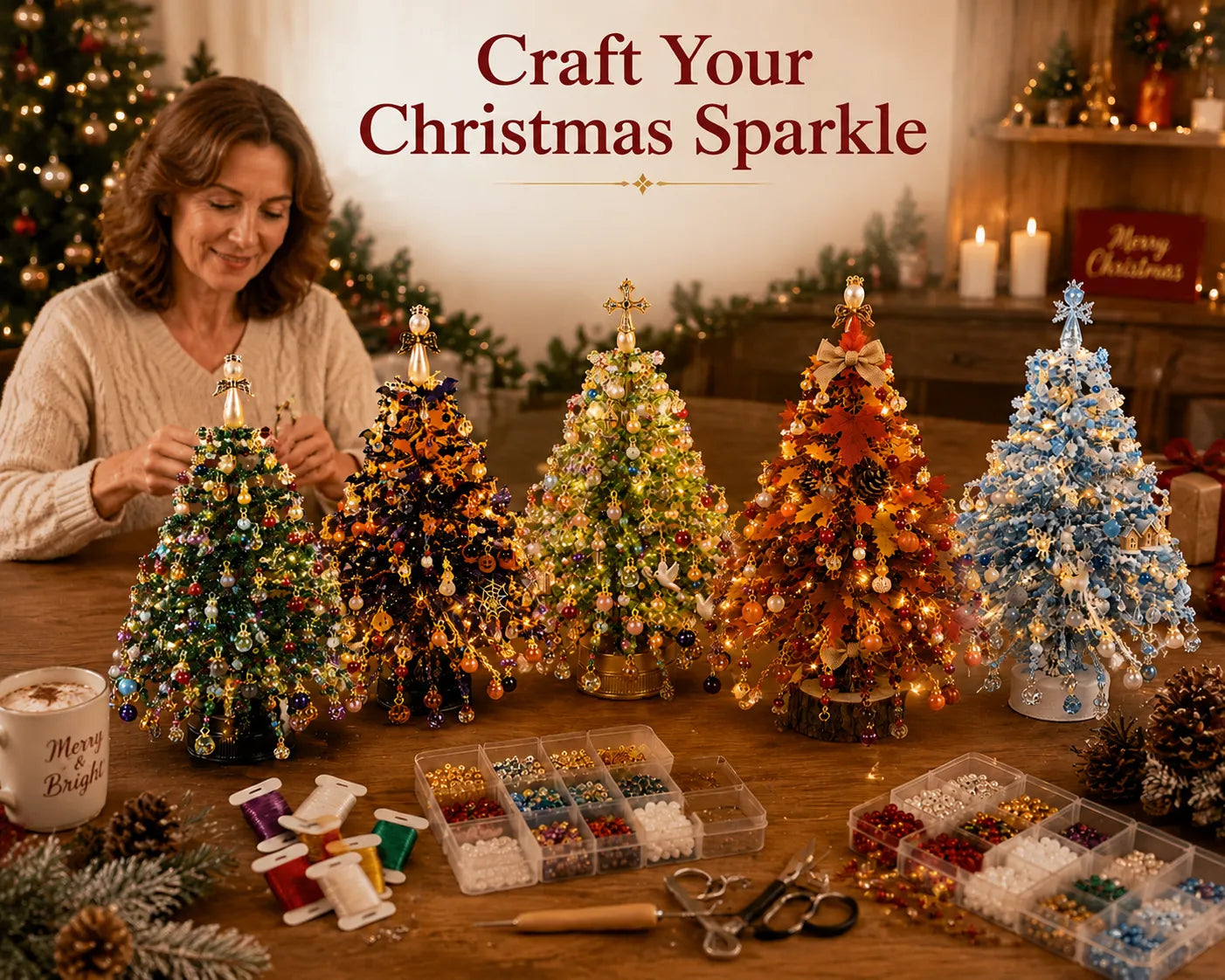 Elegant Beaded Mini Christmas Tree – Collector's Holiday Decor Set, Tabletop 🎄
