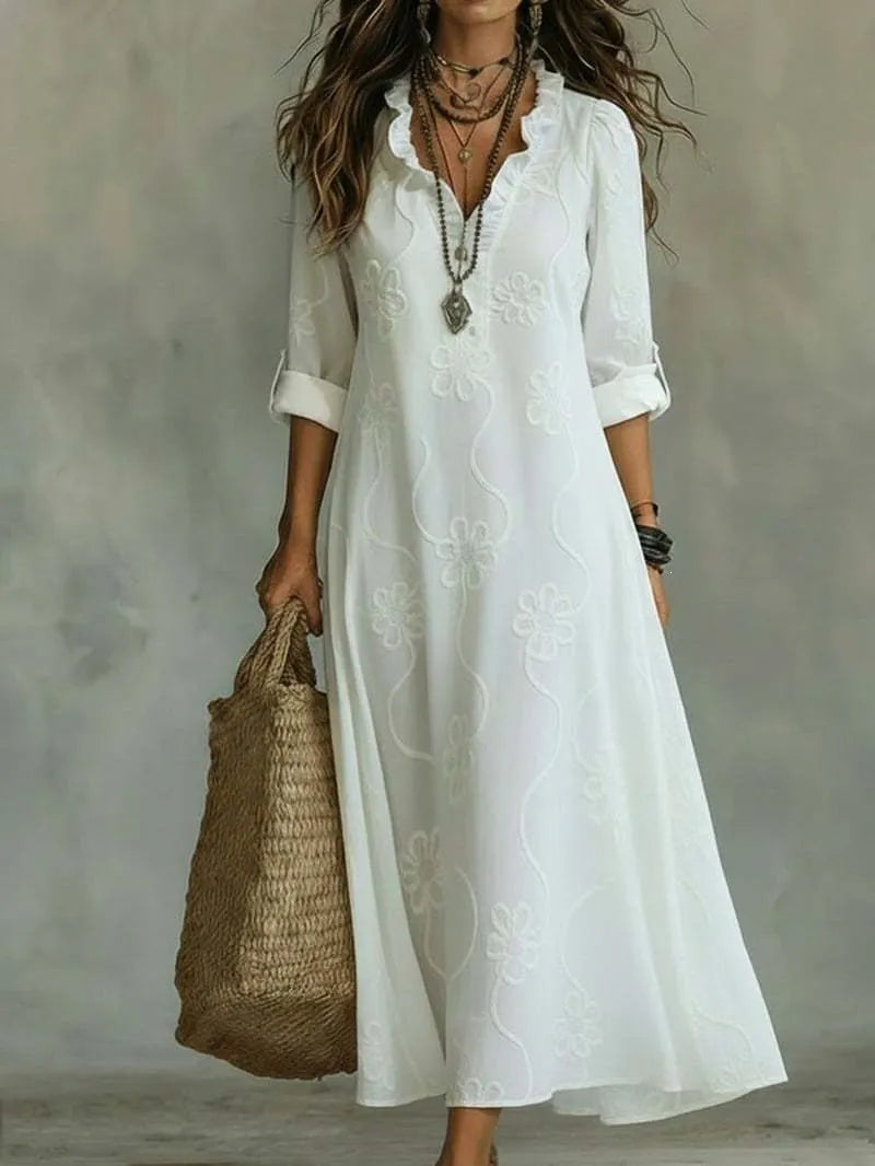 Women Ruffle V Neck Floral Embroidery Maxi Dress Roll Tab 3/4 Sleeve Loose Boho Vacation Long Dress