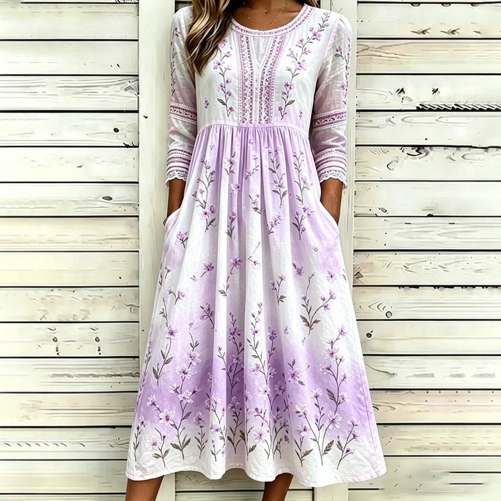 Loose-Fit Round-Neck Dress with Mid-Length Sleeves and Side Pockets