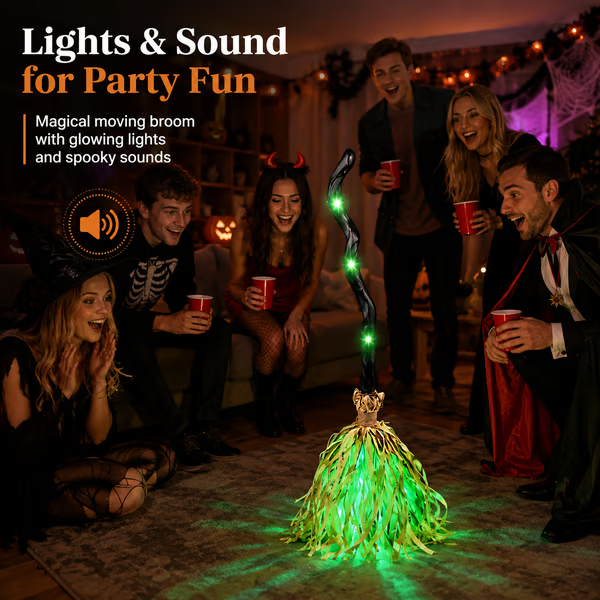🧹 Animated Moving Witch Broom — 👻 Spooky Light, Sound & Motion Halloween Party Prop 🎃