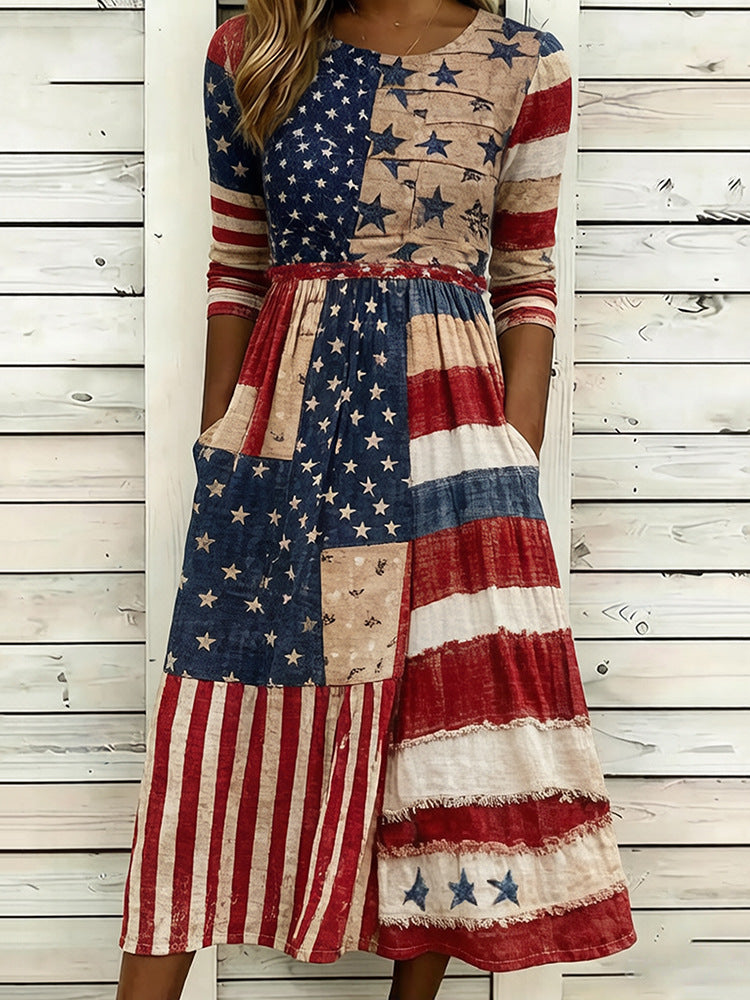Loose-Fit Round-Neck Dress with Mid-Length Sleeves and Side Pockets