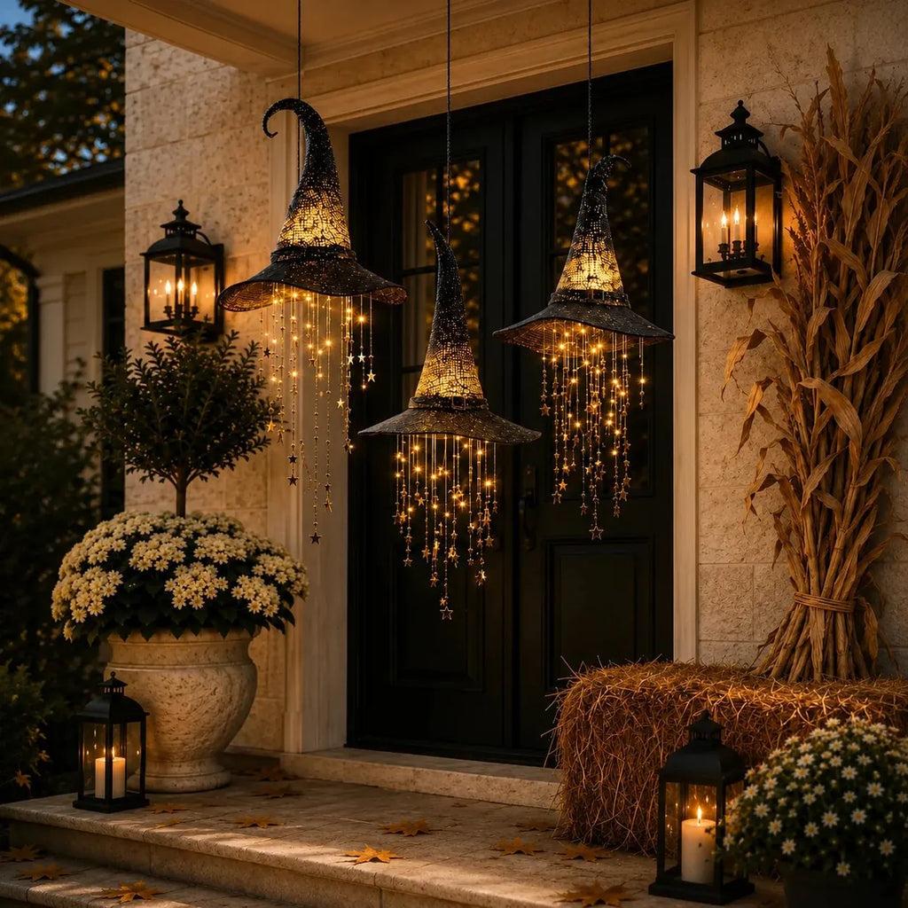 Lighted Witch Hat Hanging Star Chime — Halloween LED Decor