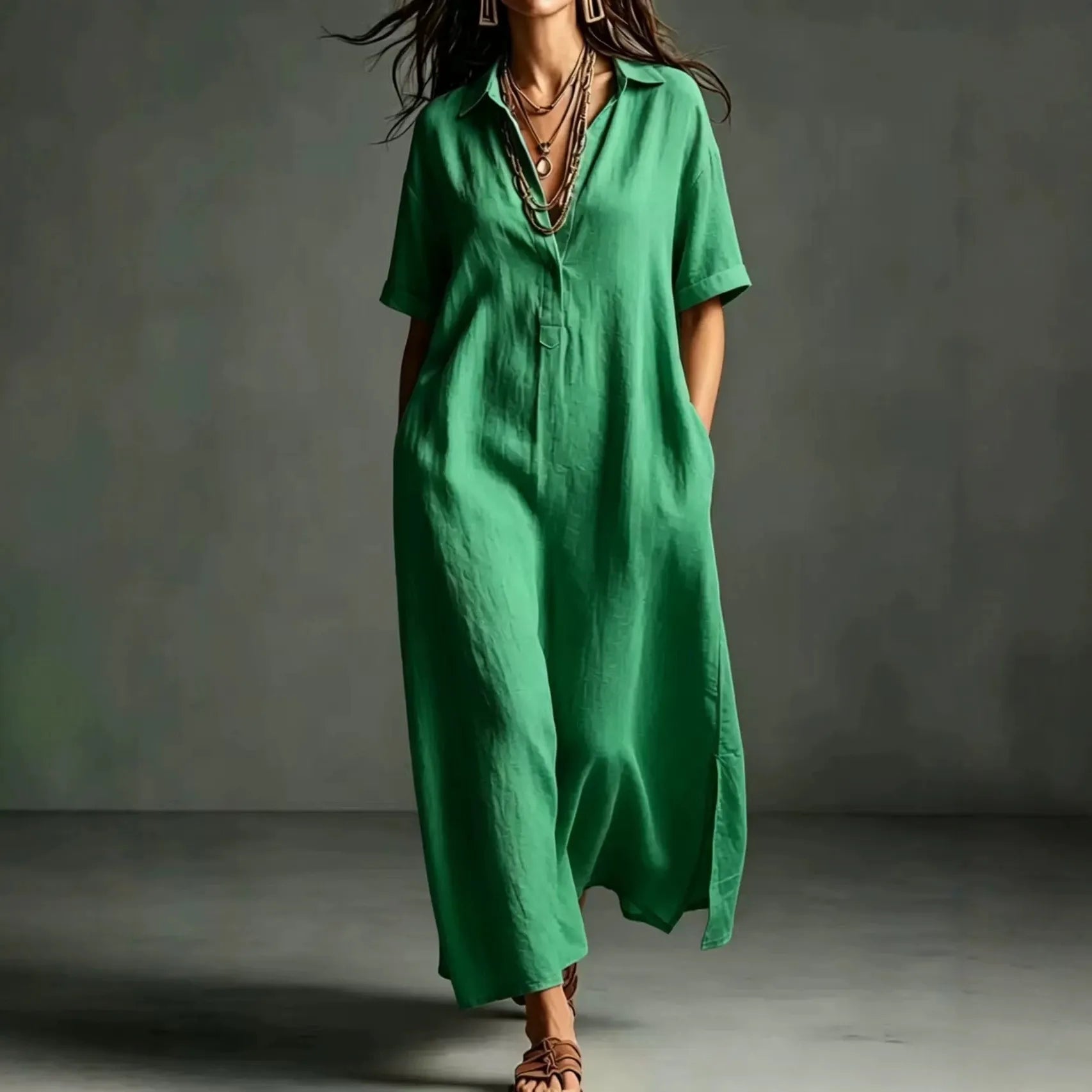 Minimalist Textured Cotton Linen Shirt Dress Ladies Half Button V Neck Pocket Summer Vacation Maxi Gown