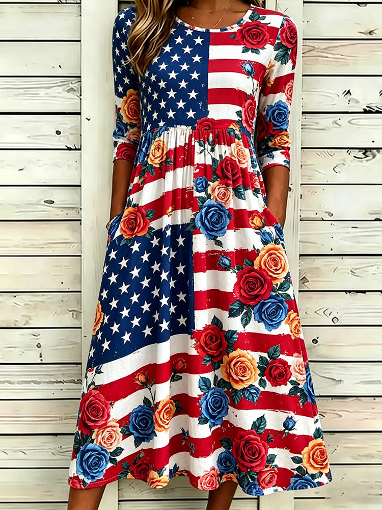 Loose-Fit Round-Neck Dress with Mid-Length Sleeves and Side Pockets