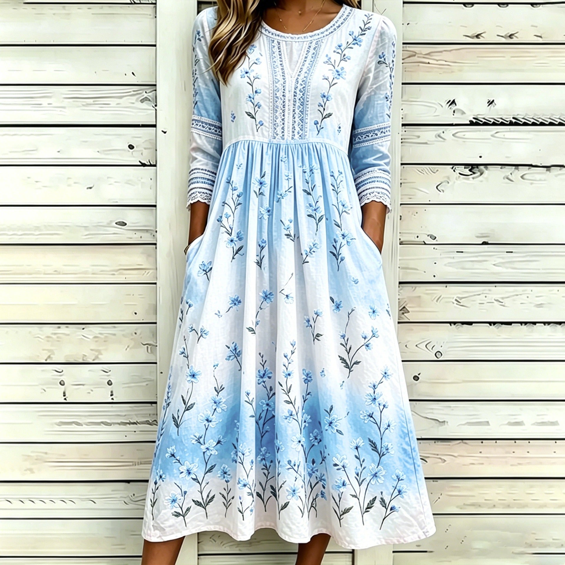 Loose-Fit Round-Neck Dress with Mid-Length Sleeves and Side Pockets