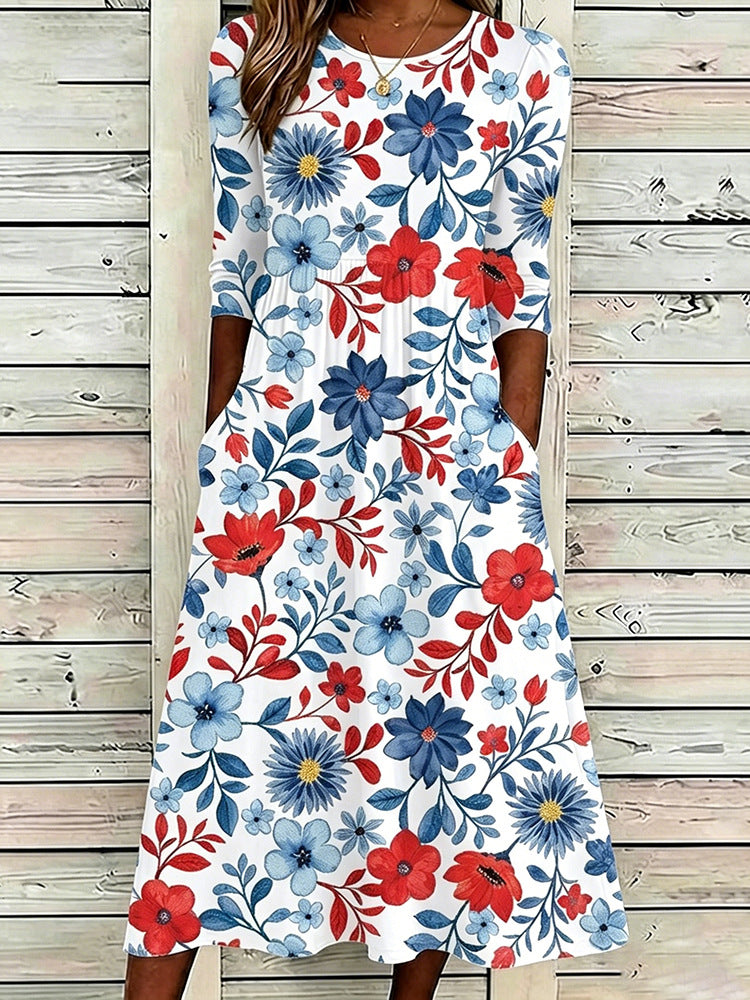 Loose-Fit Round-Neck Dress with Mid-Length Sleeves and Side Pockets