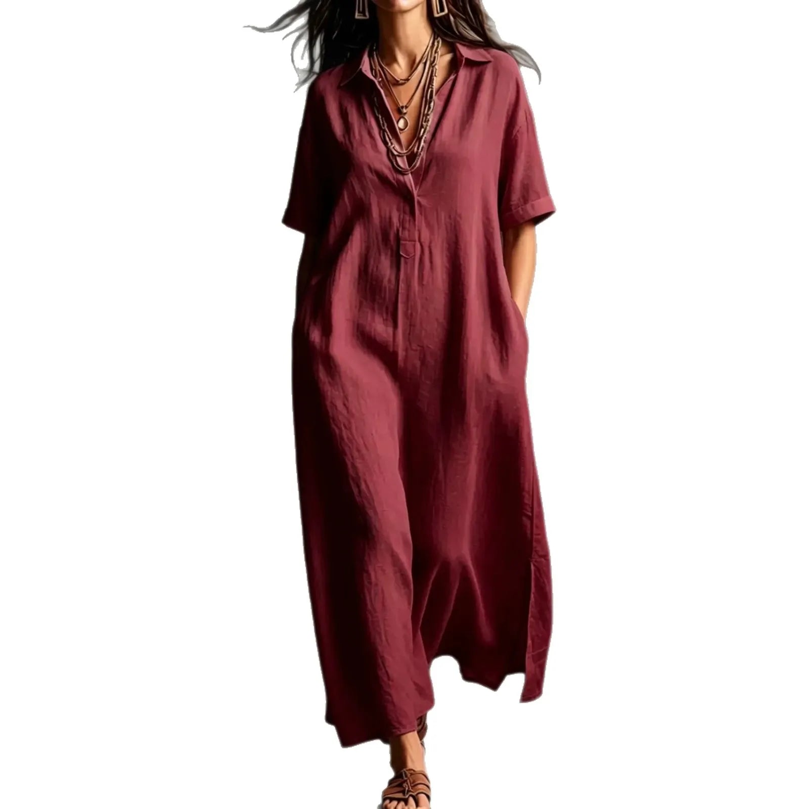 Minimalist Textured Cotton Linen Shirt Dress Ladies Half Button V Neck Pocket Summer Vacation Maxi Gown
