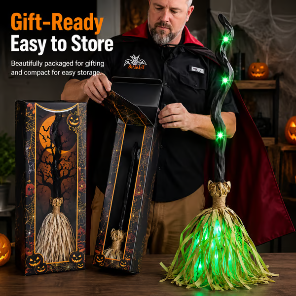 🧹 Animated Moving Witch Broom — 👻 Spooky Light, Sound & Motion Halloween Party Prop 🎃