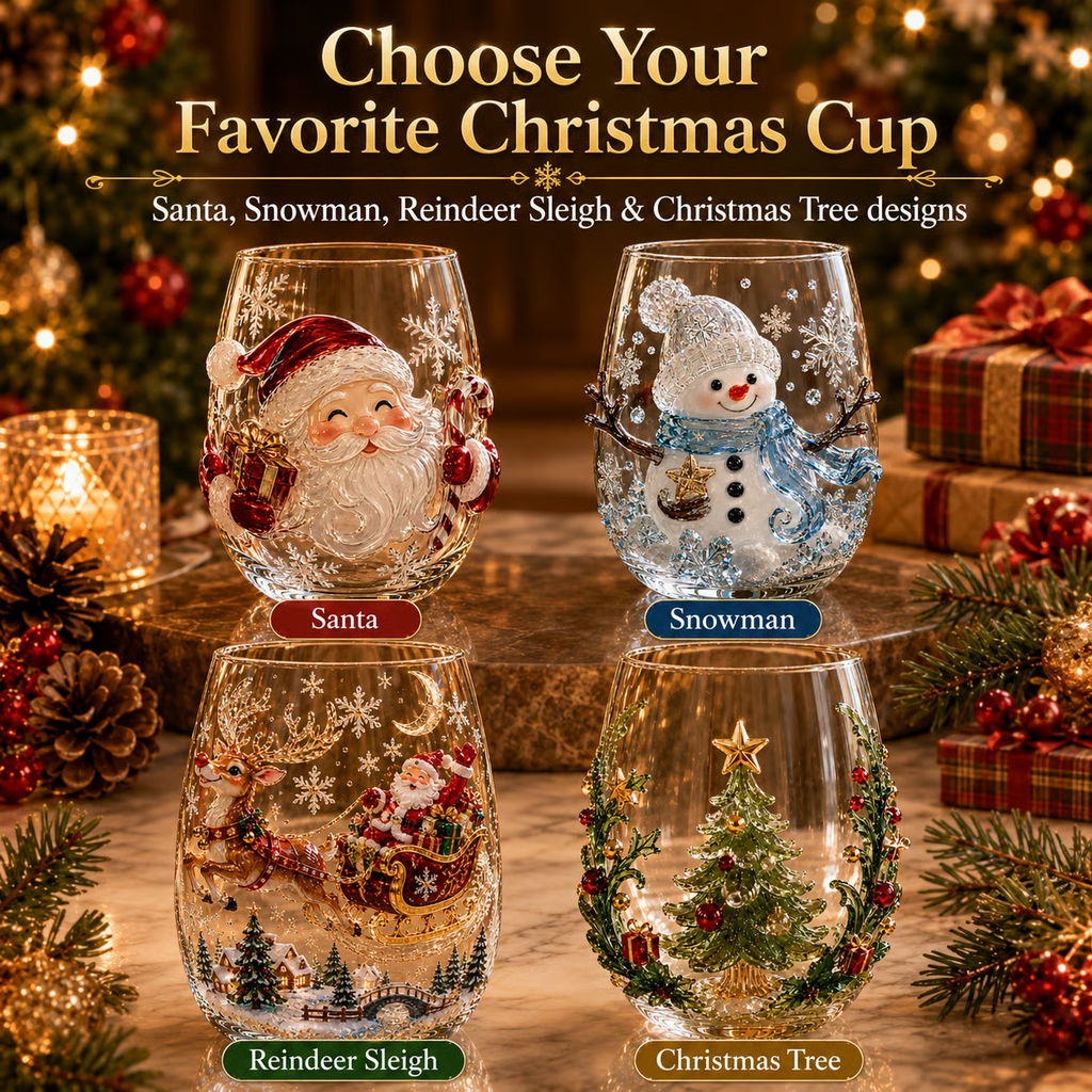 BUY 3 GET 1 FREE🎁 Magical Christmas 3D Glass Cup Collection – Santa, Reindeer, Snowman & Christmas Tree