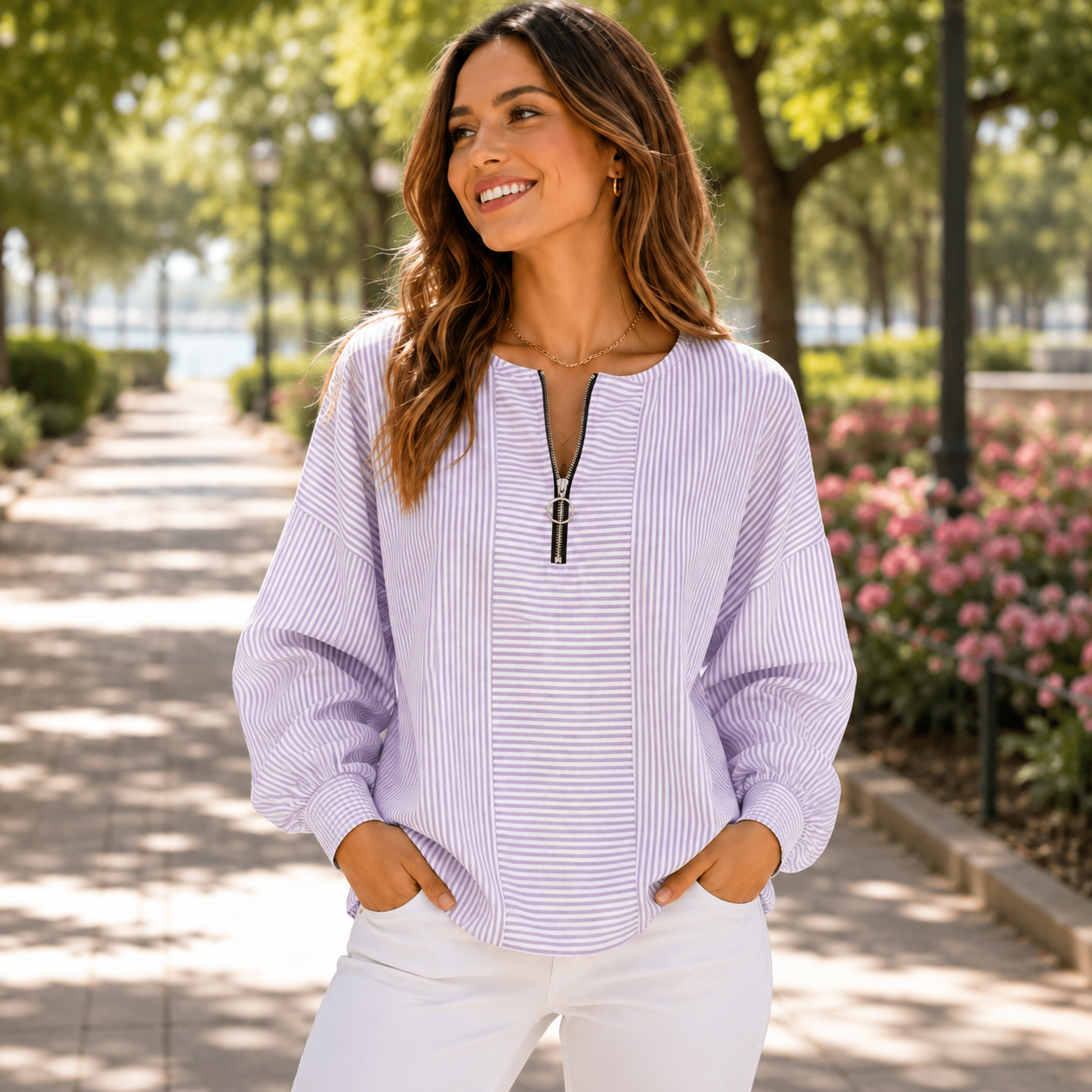 ✨ Women’s Relaxed Striped Zip-Front Blouse – Soft Long-Sleeve Everyday Top, S–5XL