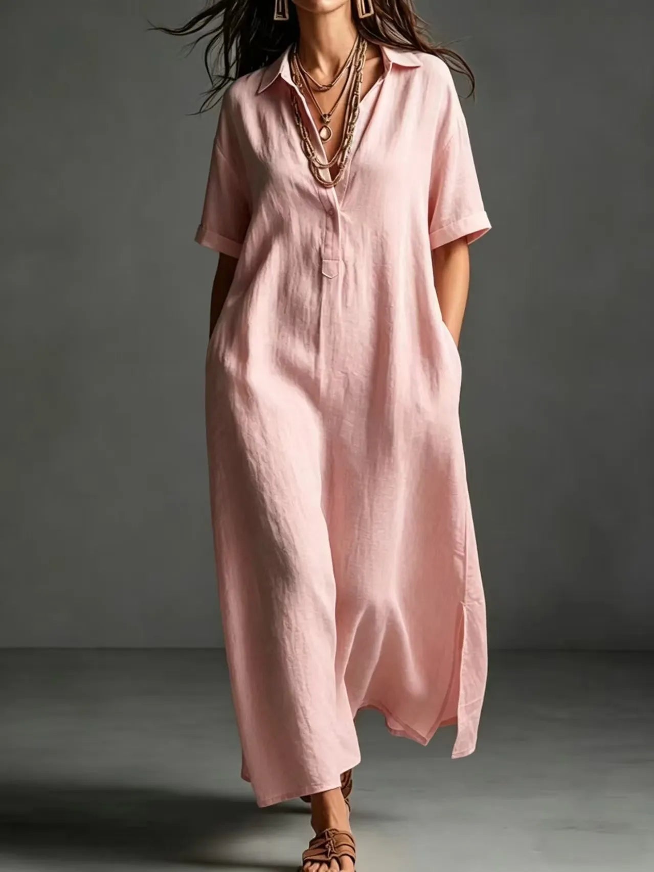 Minimalist Textured Cotton Linen Shirt Dress Ladies Half Button V Neck Pocket Summer Vacation Maxi Gown