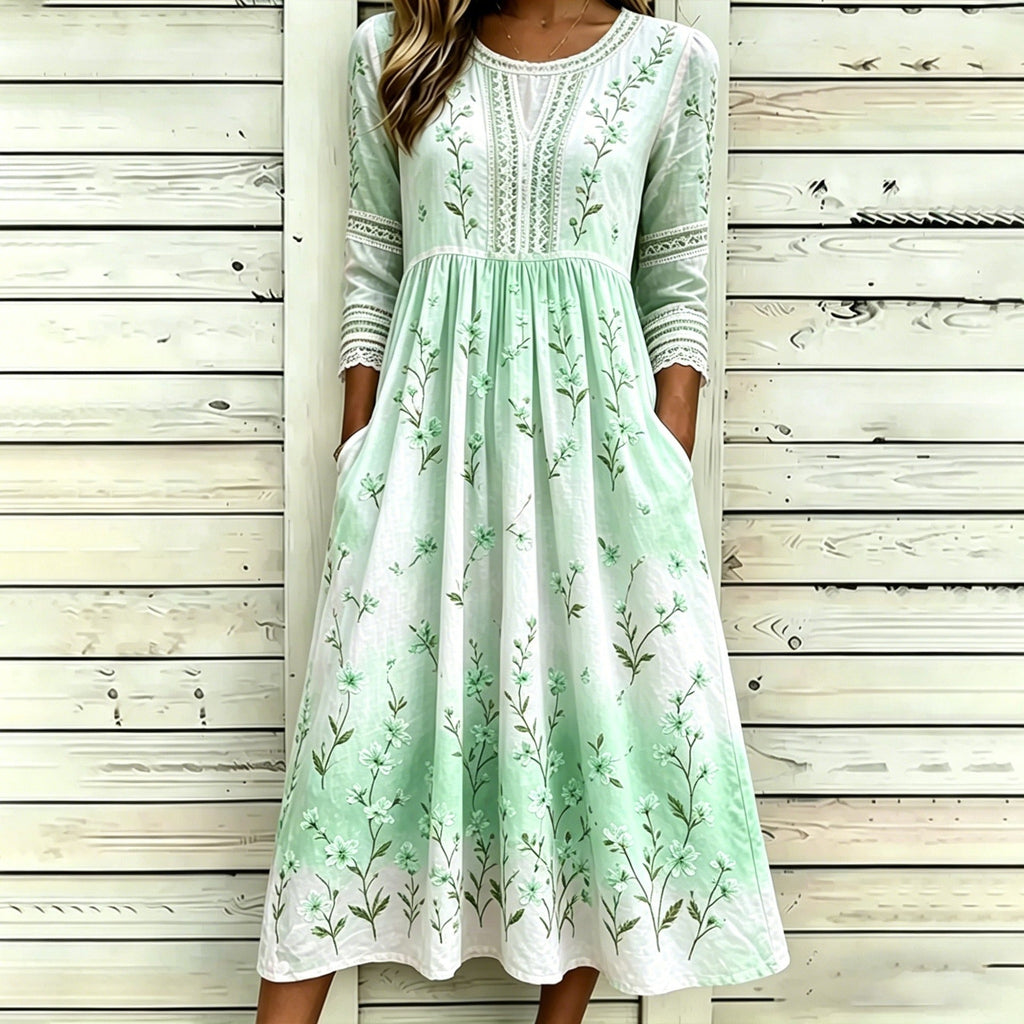 Loose-Fit Round-Neck Dress with Mid-Length Sleeves and Side Pockets