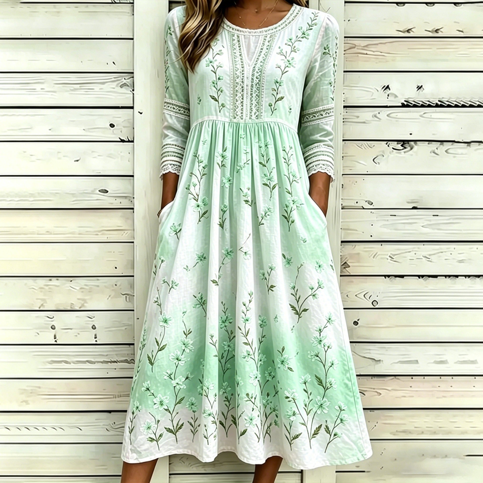 Loose-Fit Round-Neck Dress with Mid-Length Sleeves and Side Pockets