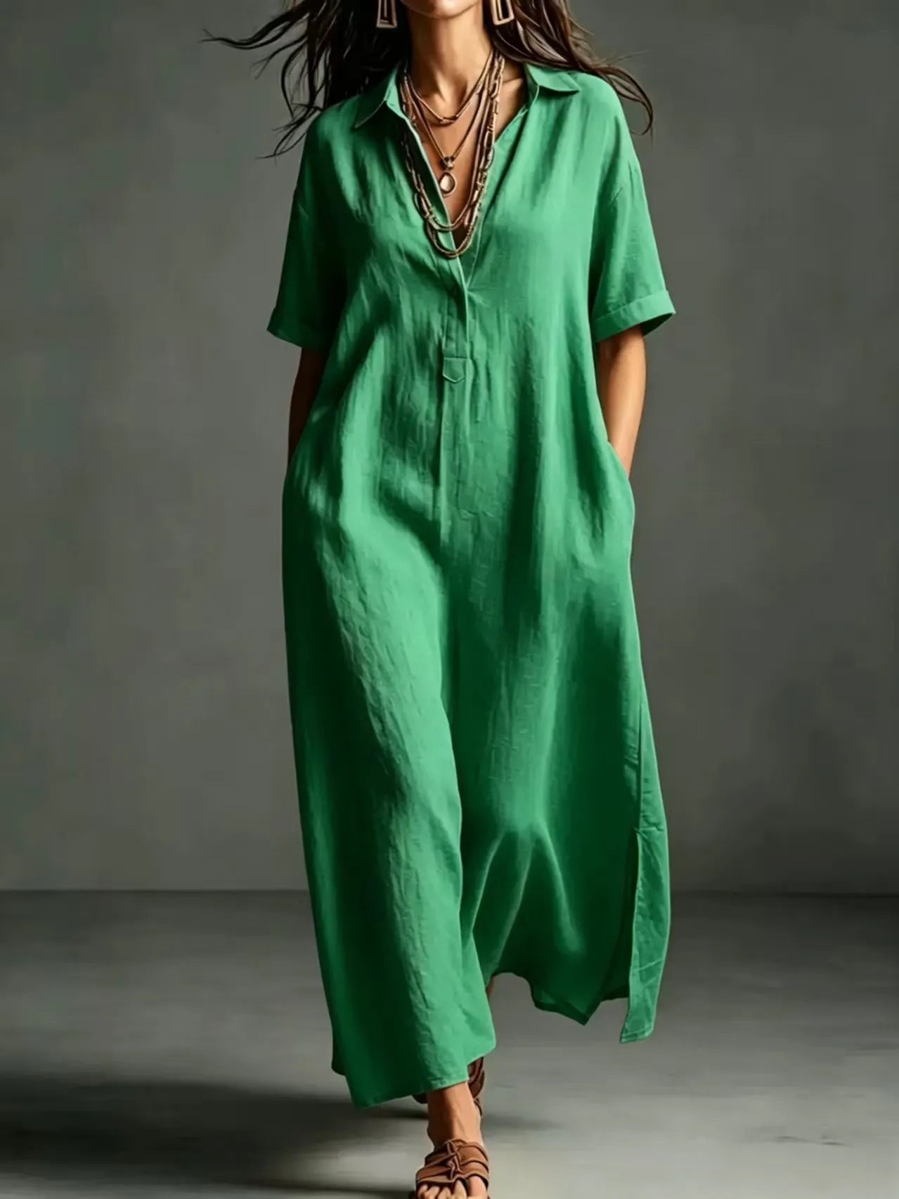 Minimalist Textured Cotton Linen Shirt Dress Ladies Half Button V Neck Pocket Summer Vacation Maxi Gown