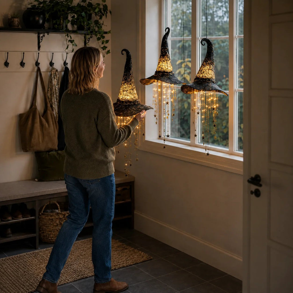 Lighted Witch Hat Hanging Star Chime — Halloween LED Decor