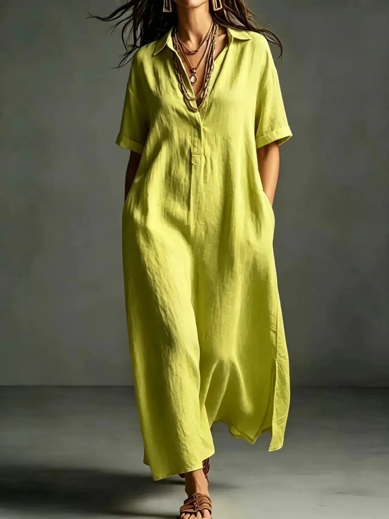 Minimalist Textured Cotton Linen Shirt Dress Ladies Half Button V Neck Pocket Summer Vacation Maxi Gown