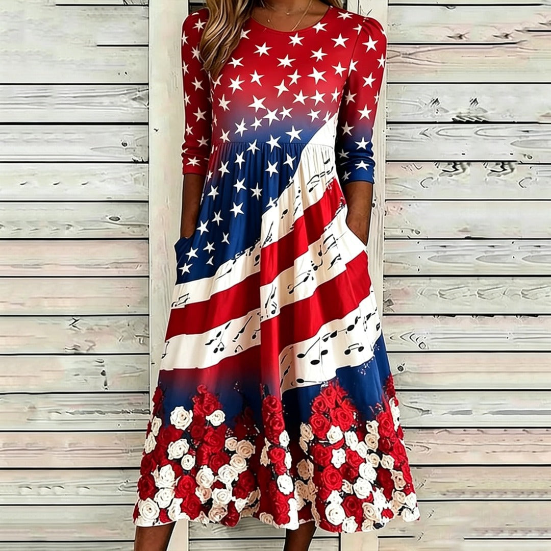 Loose-Fit Round-Neck Dress with Mid-Length Sleeves and Side Pockets