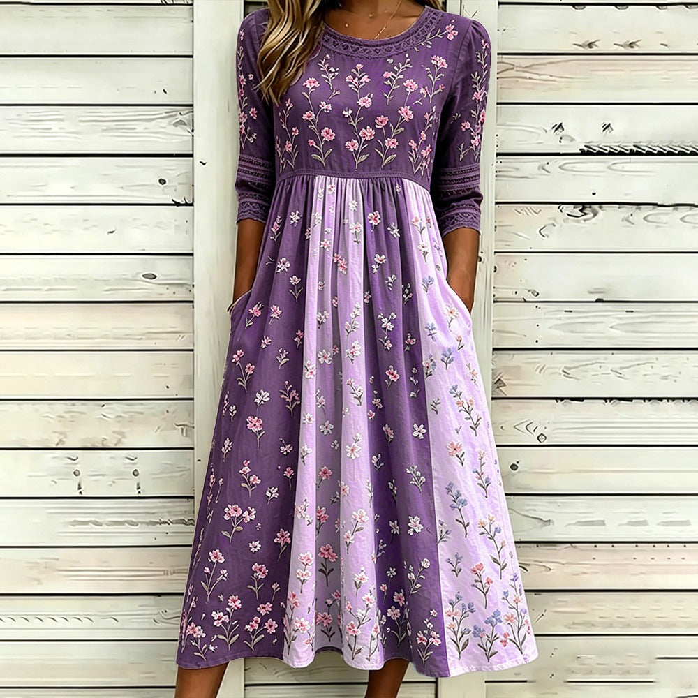 Loose-Fit Round-Neck Dress with Mid-Length Sleeves and Side Pockets