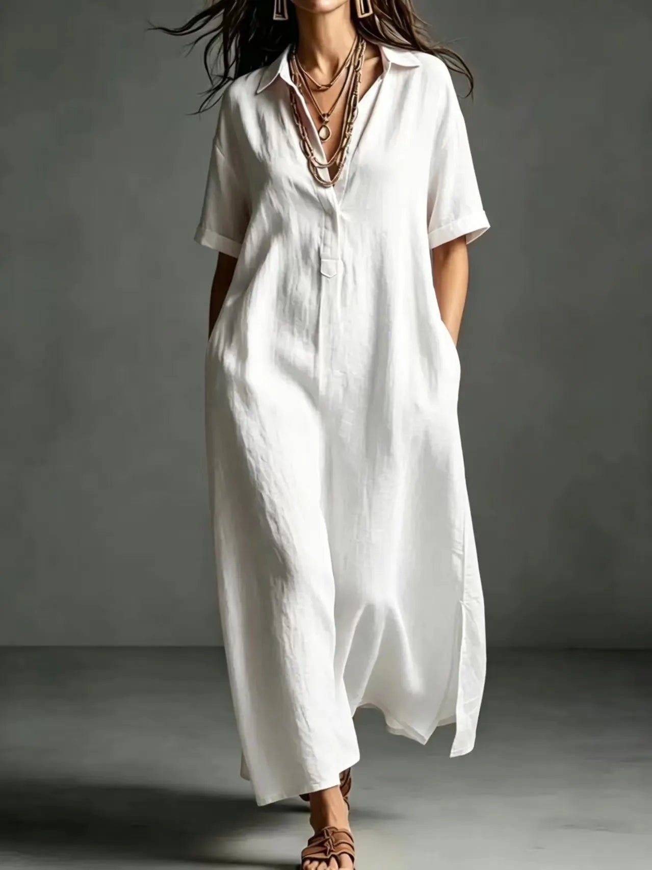 Minimalist Textured Cotton Linen Shirt Dress Ladies Half Button V Neck Pocket Summer Vacation Maxi Gown