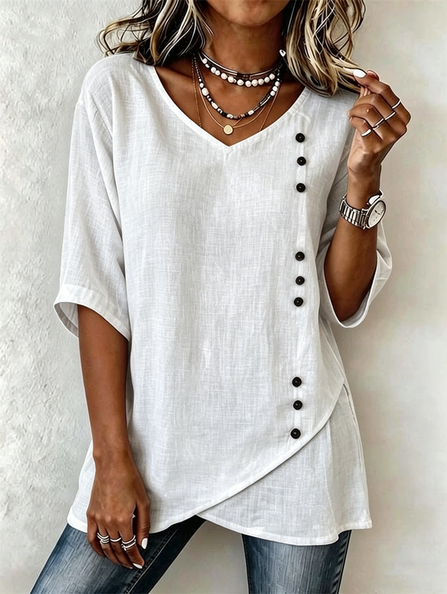 Vintage Loose Cotton-Blend V Neck Shirt