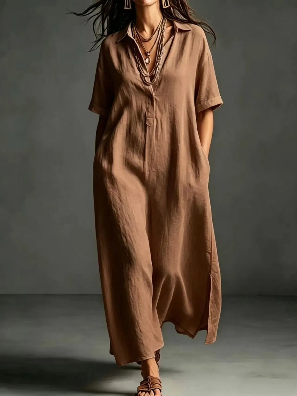 Minimalist Textured Cotton Linen Shirt Dress Ladies Half Button V Neck Pocket Summer Vacation Maxi Gown