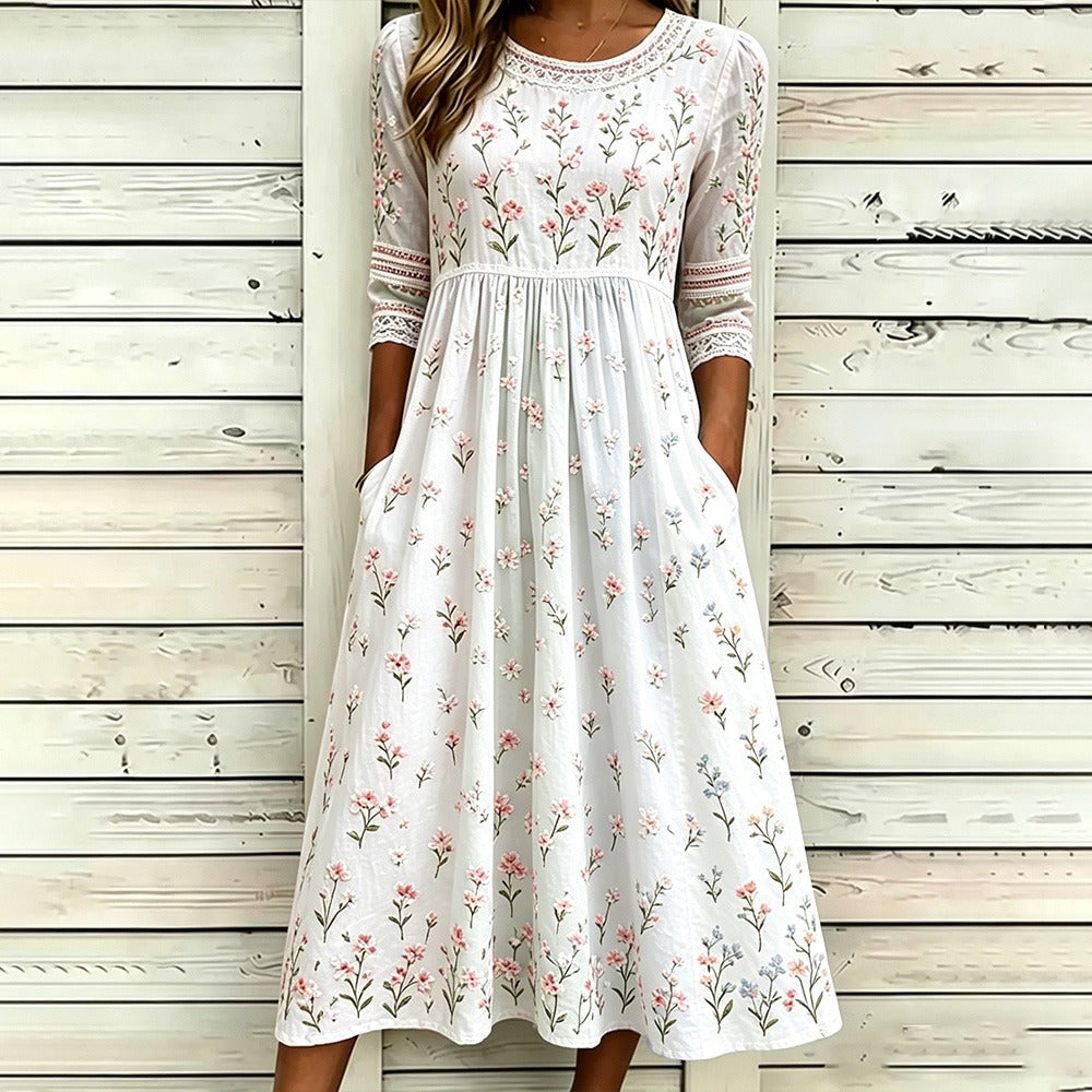 Loose-Fit Round-Neck Dress with Mid-Length Sleeves and Side Pockets