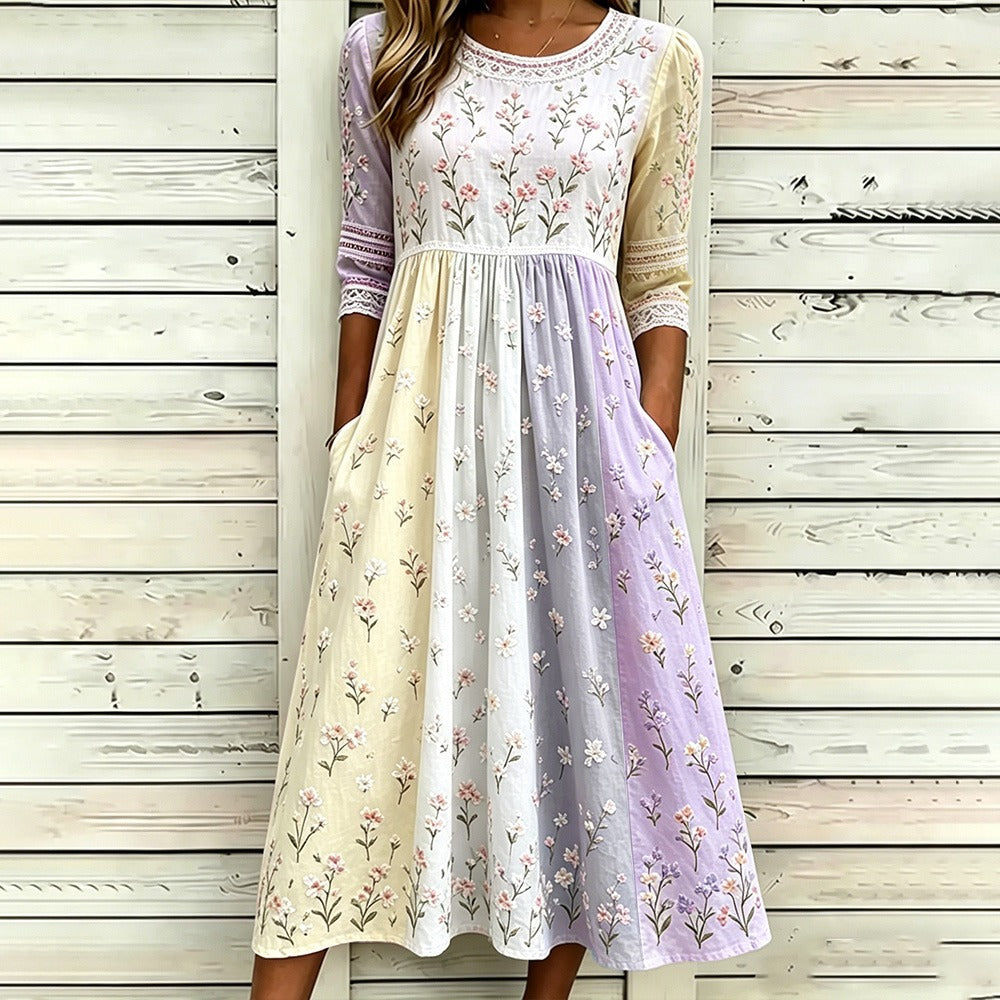 Loose-Fit Round-Neck Dress with Mid-Length Sleeves and Side Pockets