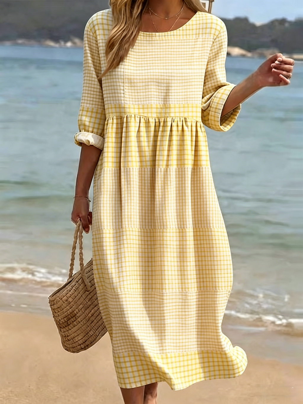 New Arrivals🔥 Women's Casual Round Neck Mid Sleeve Print Cotton and Linen Dress- Fast Shipping