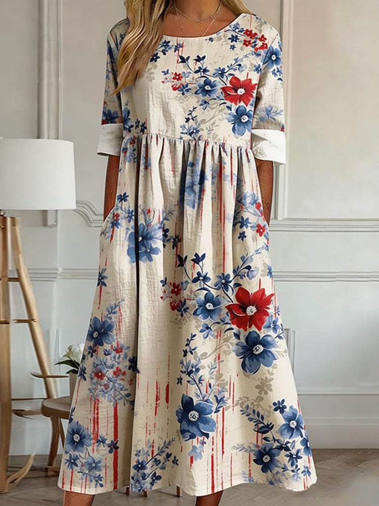 Loose-Fit Round-Neck Dress with Mid-Length Sleeves and Side Pockets