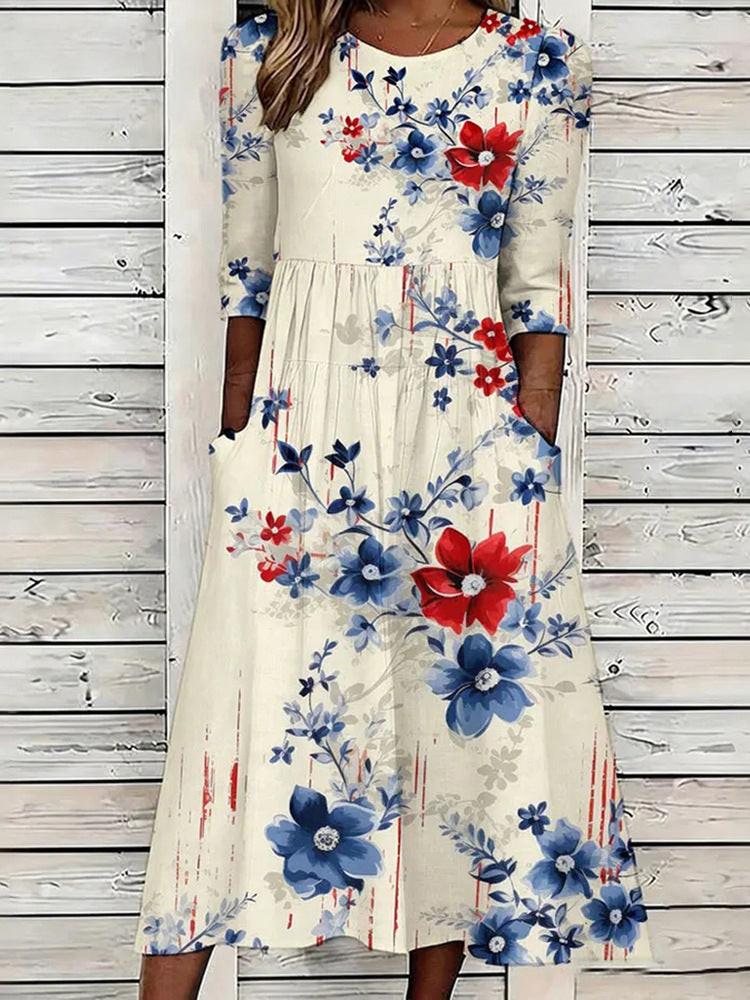 Loose-Fit Round-Neck Dress with Mid-Length Sleeves and Side Pockets
