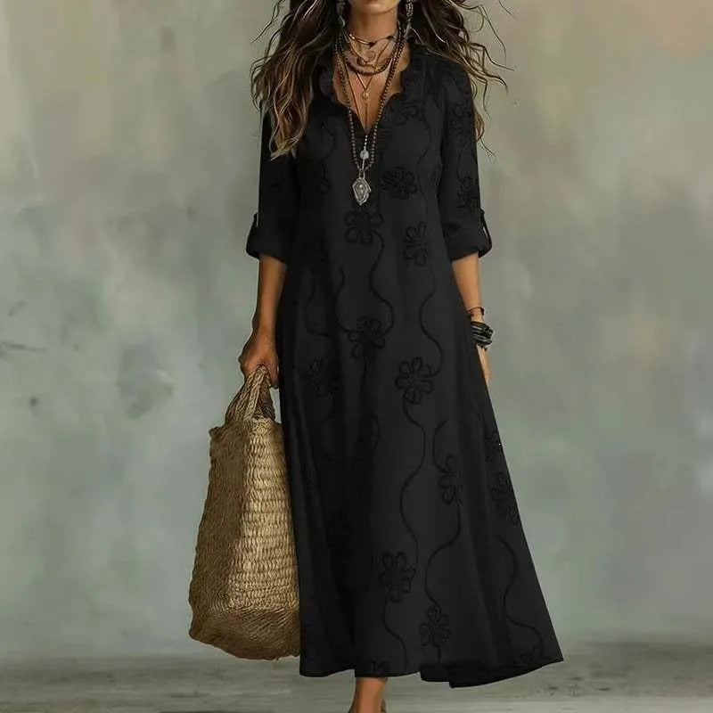 Women Ruffle V Neck Floral Embroidery Maxi Dress Roll Tab 3/4 Sleeve Loose Boho Vacation Long Dress