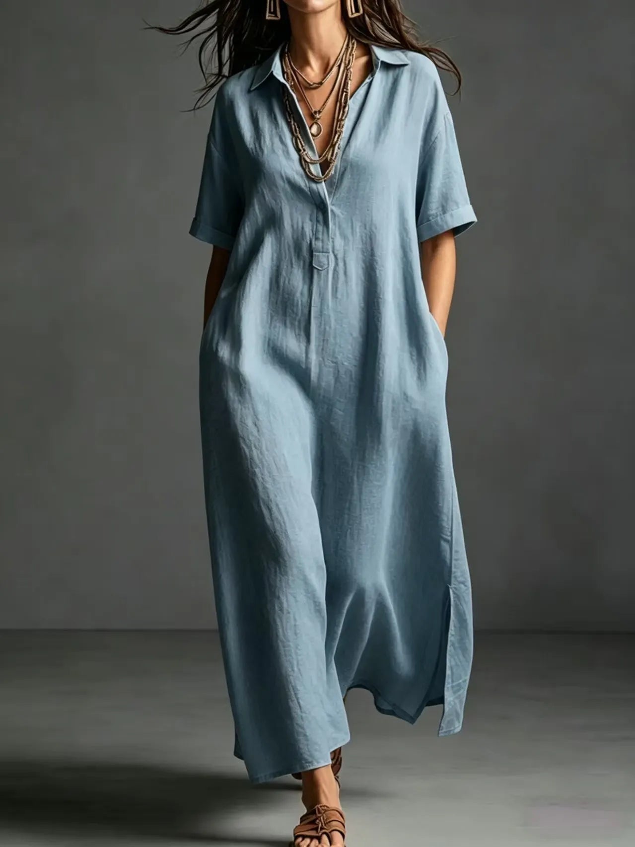 Minimalist Textured Cotton Linen Shirt Dress Ladies Half Button V Neck Pocket Summer Vacation Maxi Gown