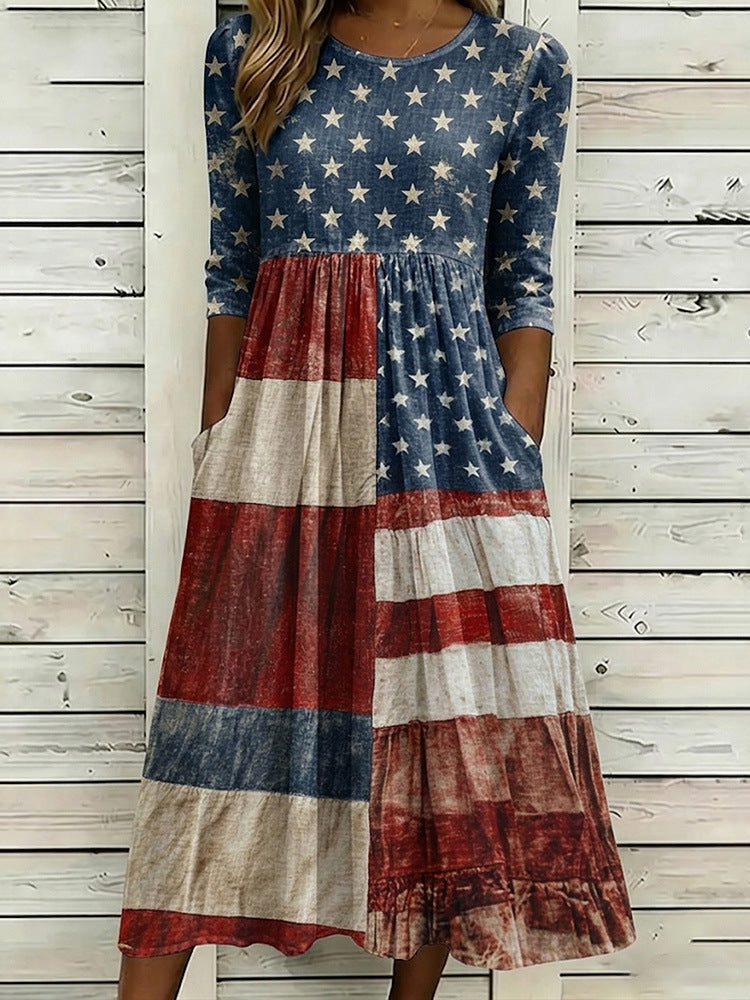 Loose-Fit Round-Neck Dress with Mid-Length Sleeves and Side Pockets