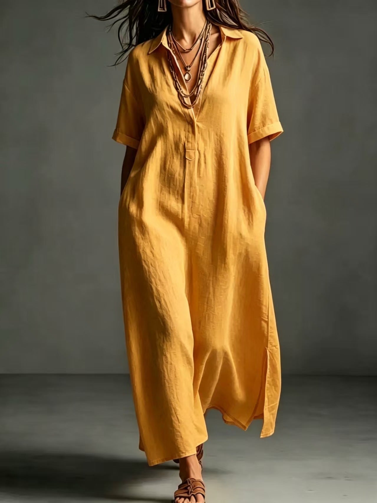Minimalist Textured Cotton Linen Shirt Dress Ladies Half Button V Neck Pocket Summer Vacation Maxi Gown