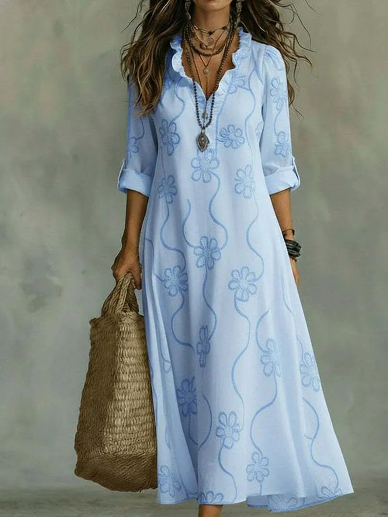 Women Ruffle V Neck Floral Embroidery Maxi Dress Roll Tab 3/4 Sleeve Loose Boho Vacation Long Dress