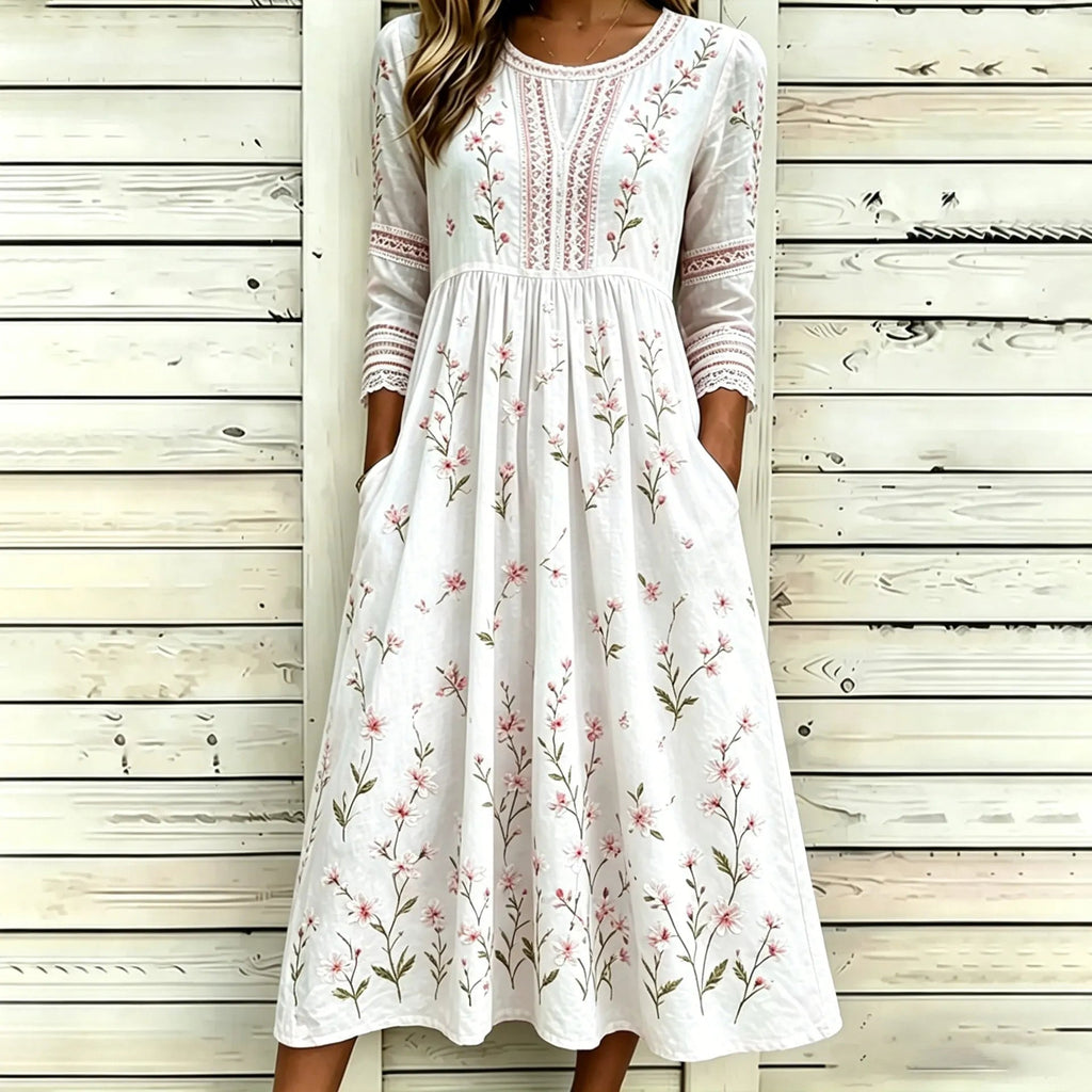 Loose-Fit Round-Neck Dress with Mid-Length Sleeves and Side Pockets