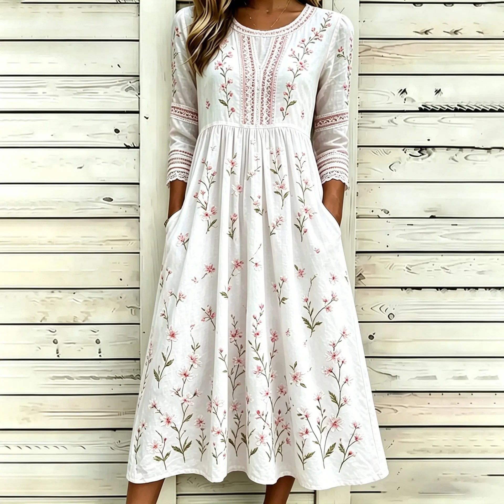 Loose-Fit Round-Neck Dress with Mid-Length Sleeves and Side Pockets