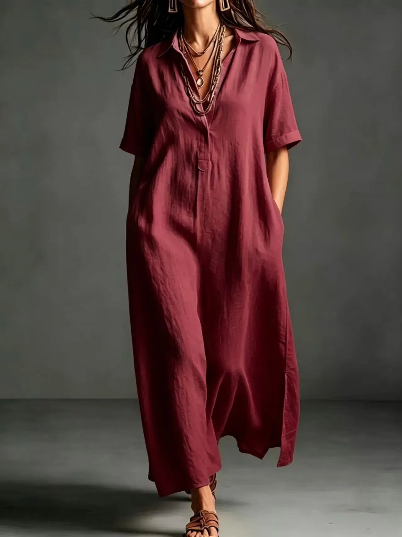 Minimalist Textured Cotton Linen Shirt Dress Ladies Half Button V Neck Pocket Summer Vacation Maxi Gown