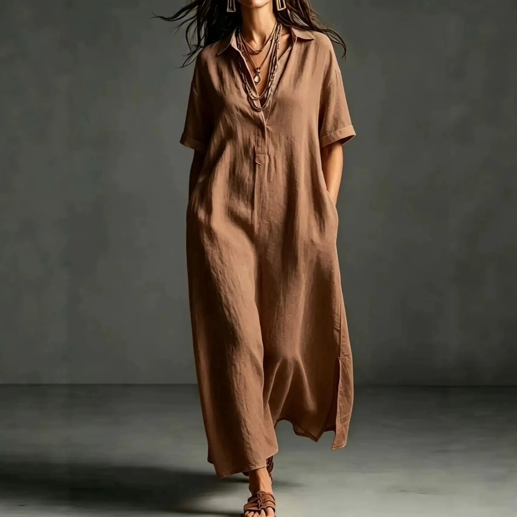 Minimalist Textured Cotton Linen Shirt Dress Ladies Half Button V Neck Pocket Summer Vacation Maxi Gown