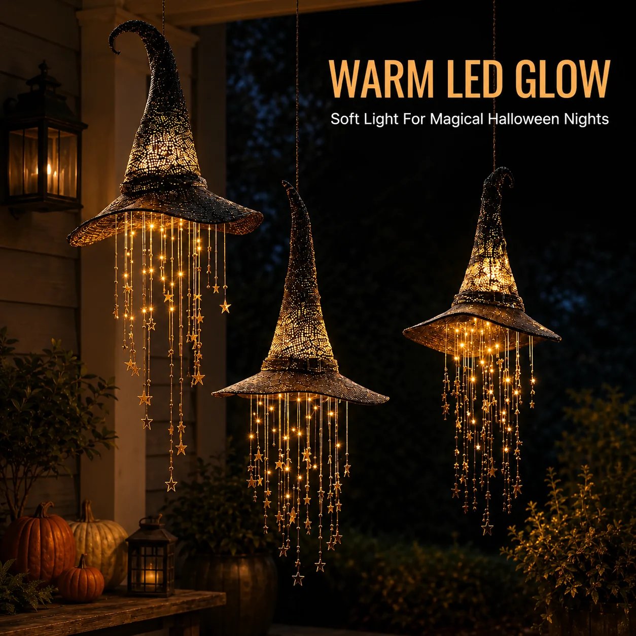 Lighted Witch Hat Hanging Star Chime — Halloween LED Decor