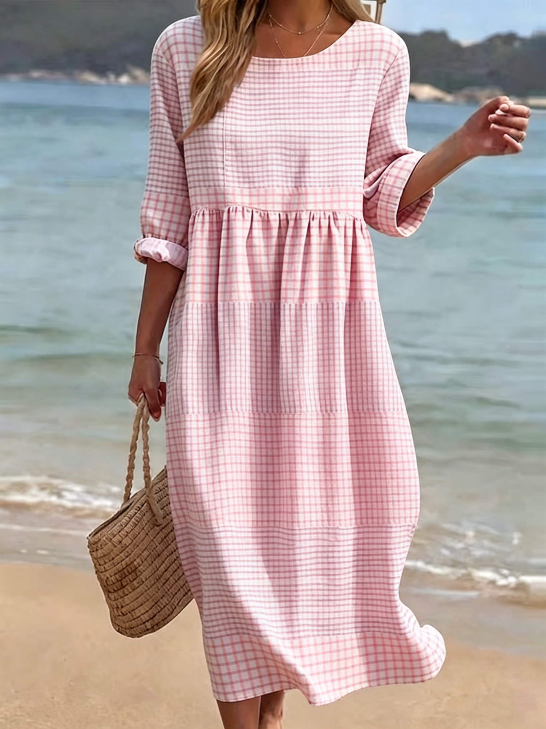 New Arrivals🔥 Women's Casual Round Neck Mid Sleeve Print Cotton and Linen Dress- Fast Shipping